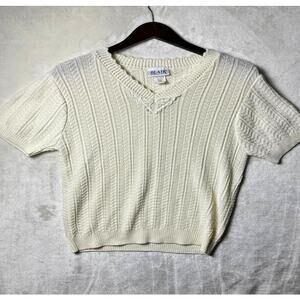 Grandma Chic Short Sleeve Sweater Women's S Ivory Crochet Knit Top Made in USA